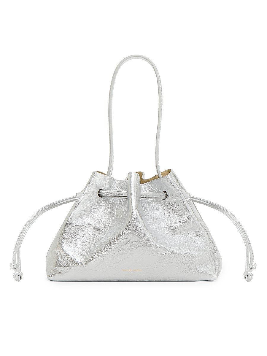 Women's Metallic Leather Drawstring Pouchette - Silver