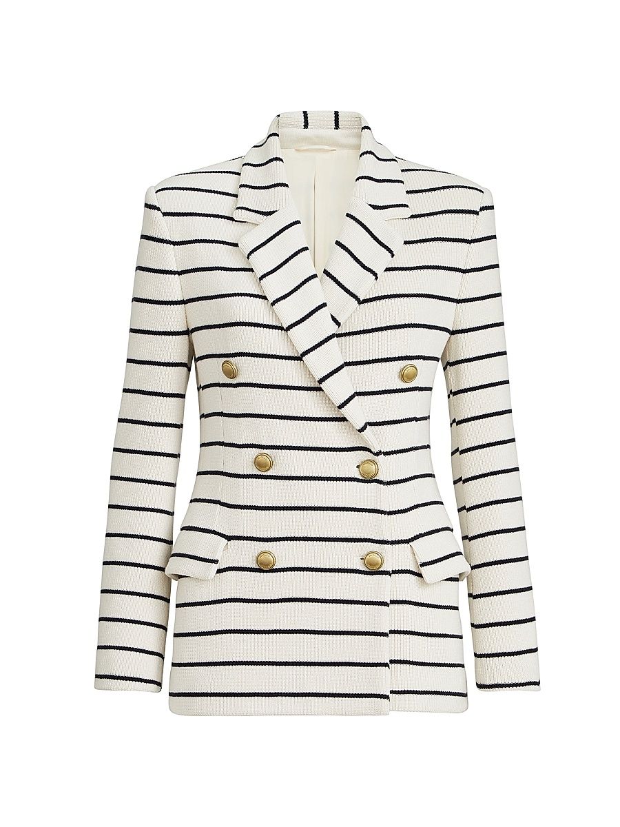 Women's Cotton Striped Knit Blazer with Monili - White Black - Size 0