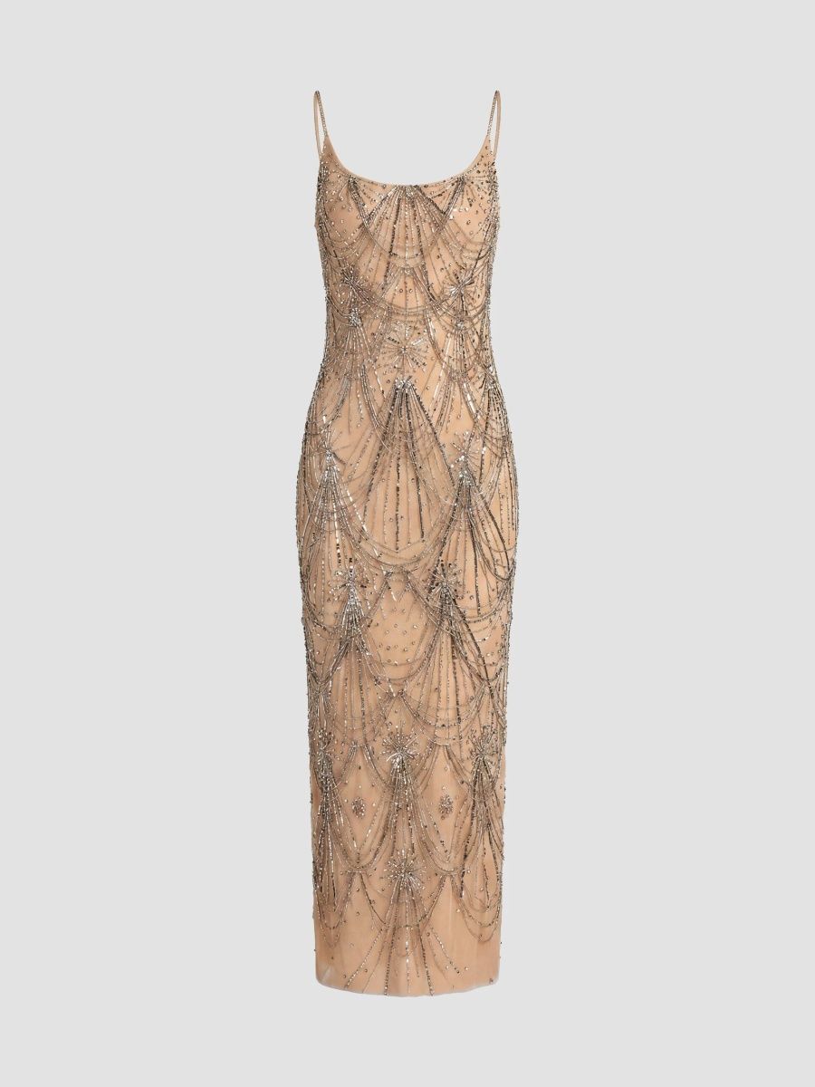 Mac Duggal Women's Beaded Fringe Scoopneck Dress - Beige Silver - Size 14