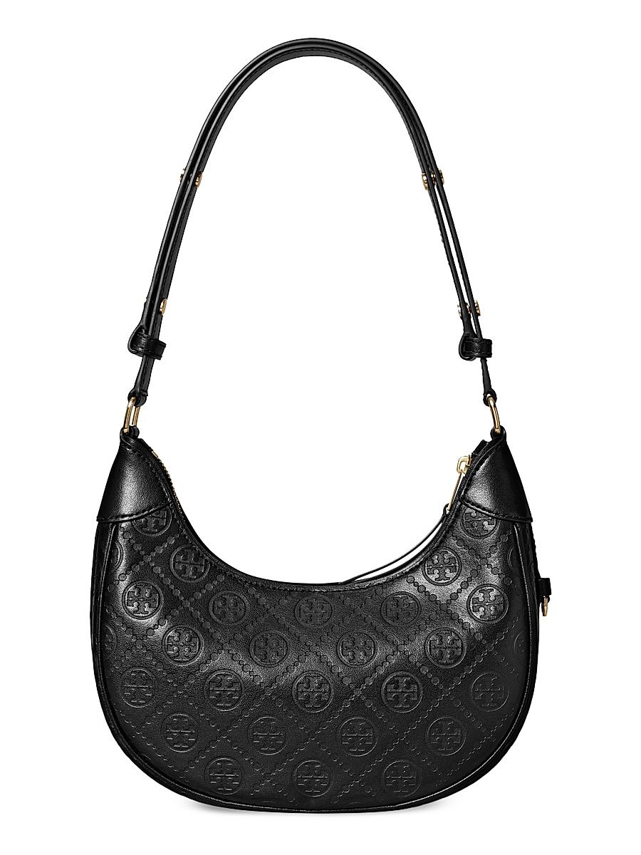 Women's T Monogram Debossed Leather Crescent Bag - Black