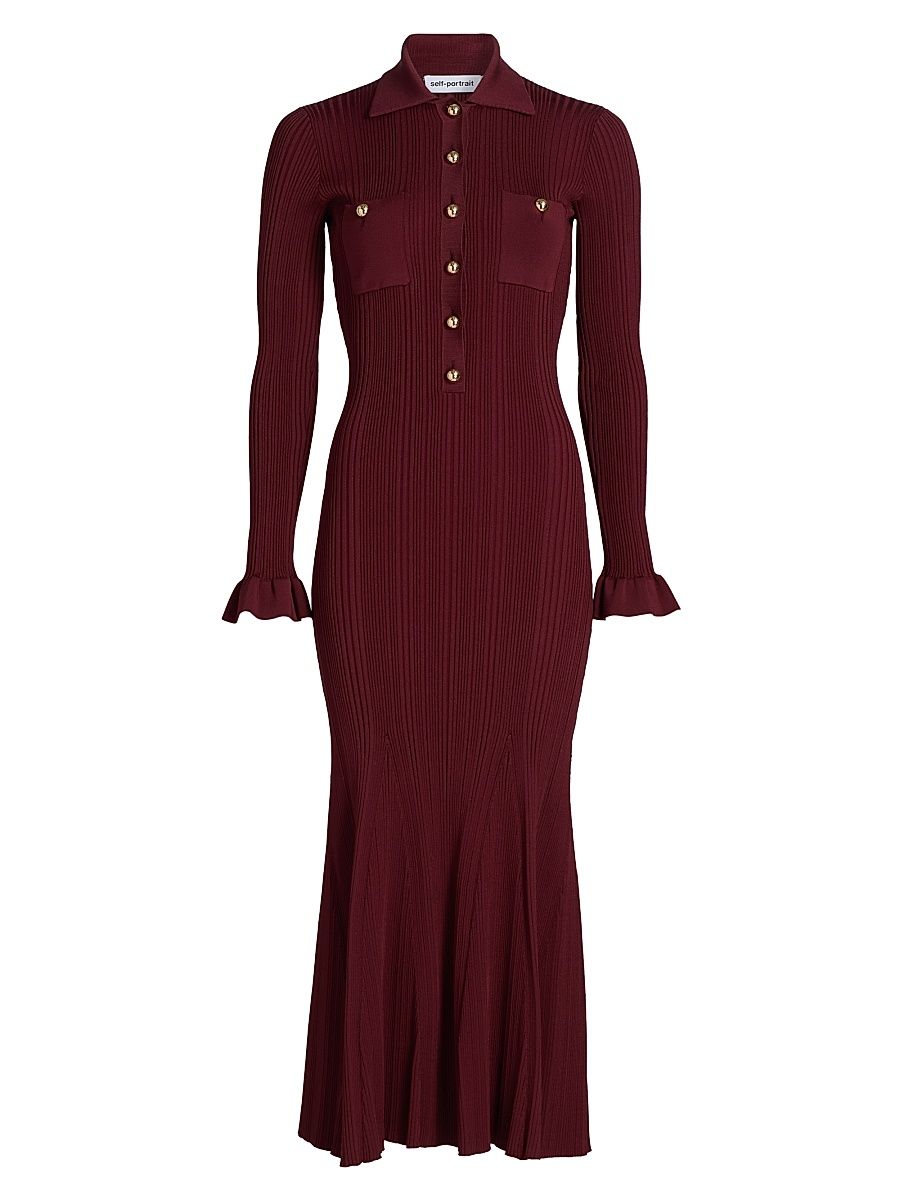 Women's Rib-Knit Half-Button Midi-Dress - Burgundy - Size Medium