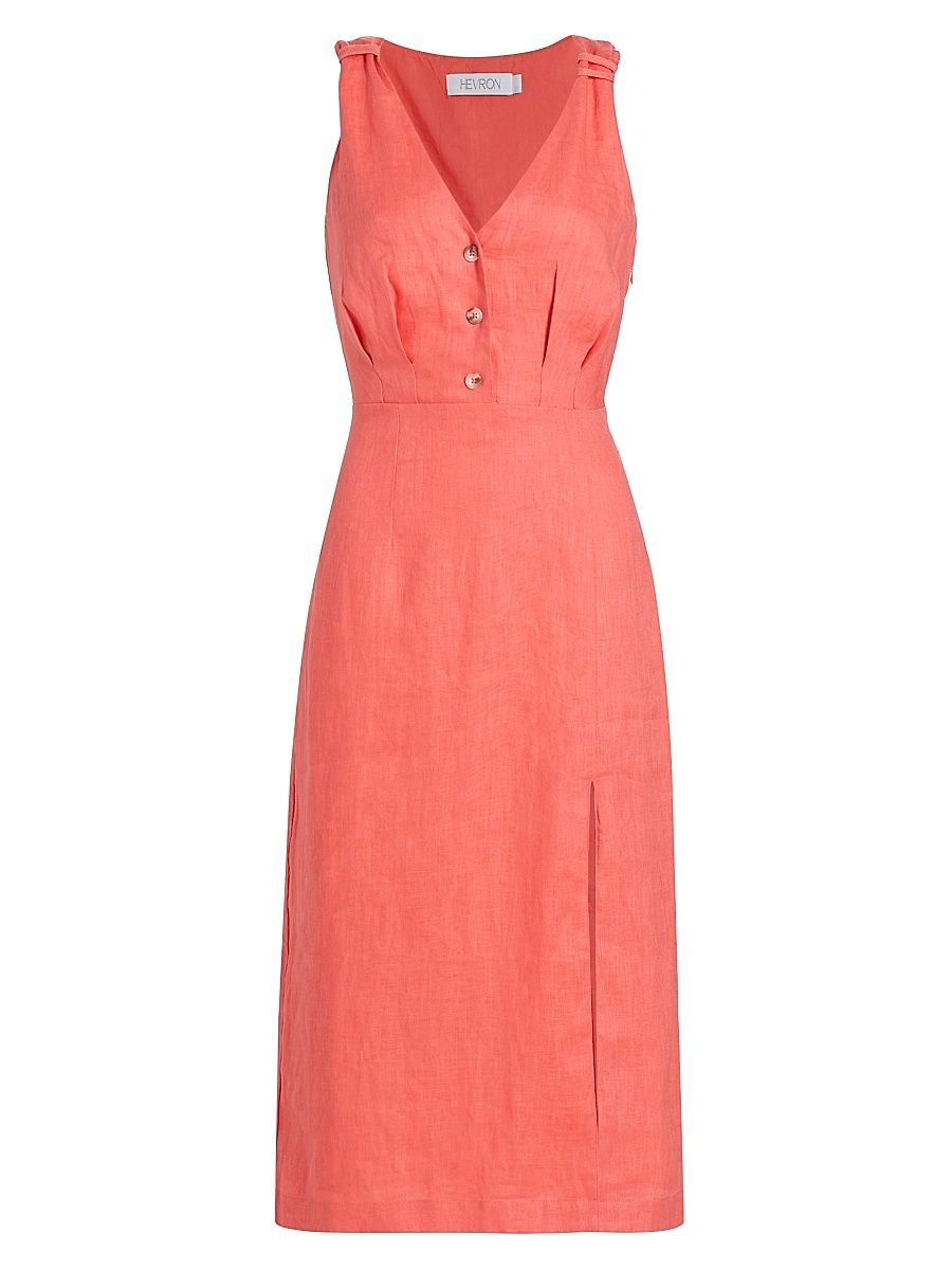 Women's Shana Linen V-Neck Midi-Dress - Coral - Size 2