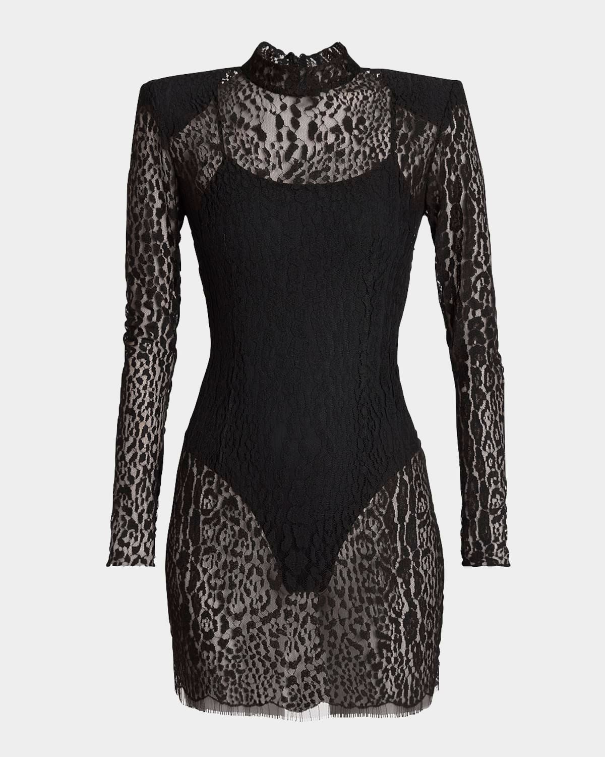 Leopard Lace Strong-Shoulder Mini Dress