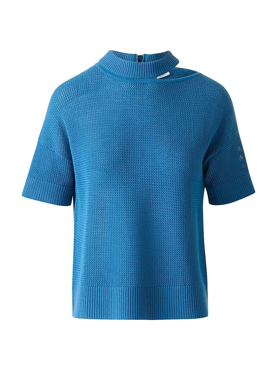 Women's Split Neck Wool Top - Medium Blue - Size 4