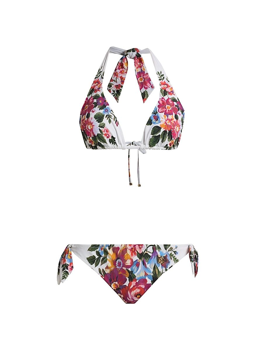 Women's Floral Boquet Print Halter Bikini - White Floral - Size XL