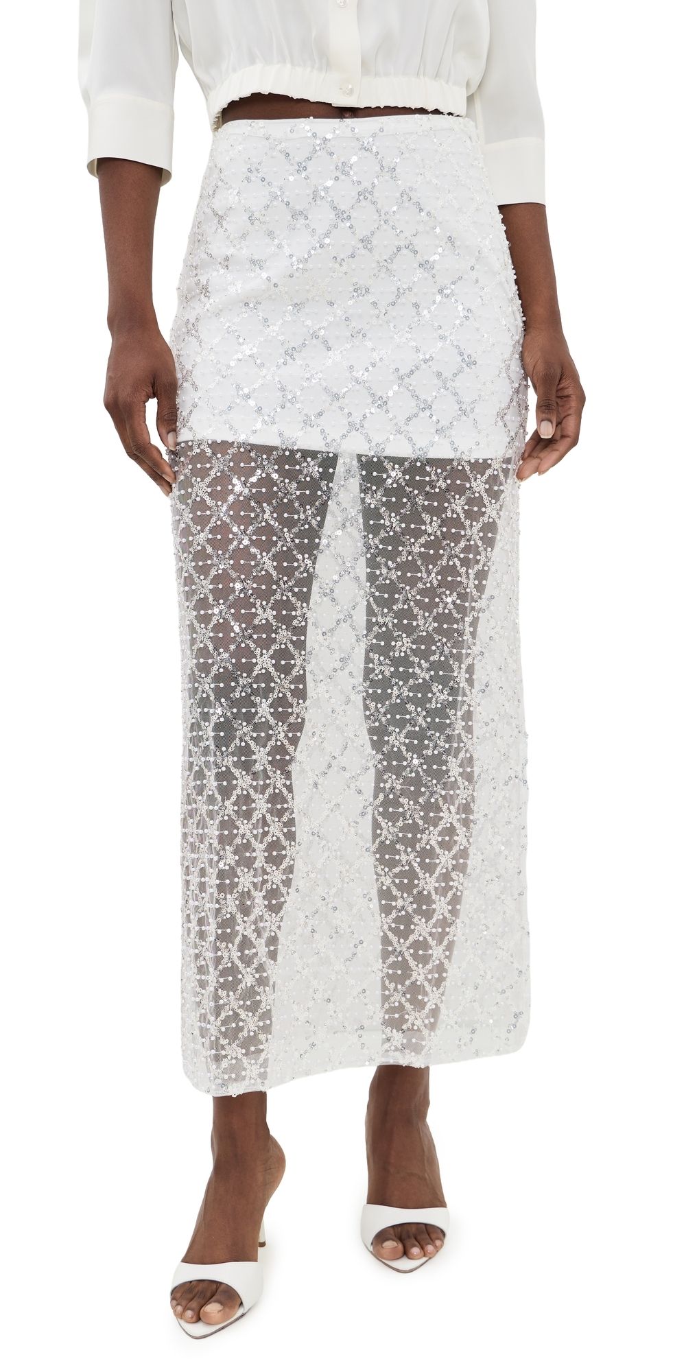 endless rose Embellished Mesh Maxi Skirt White XL