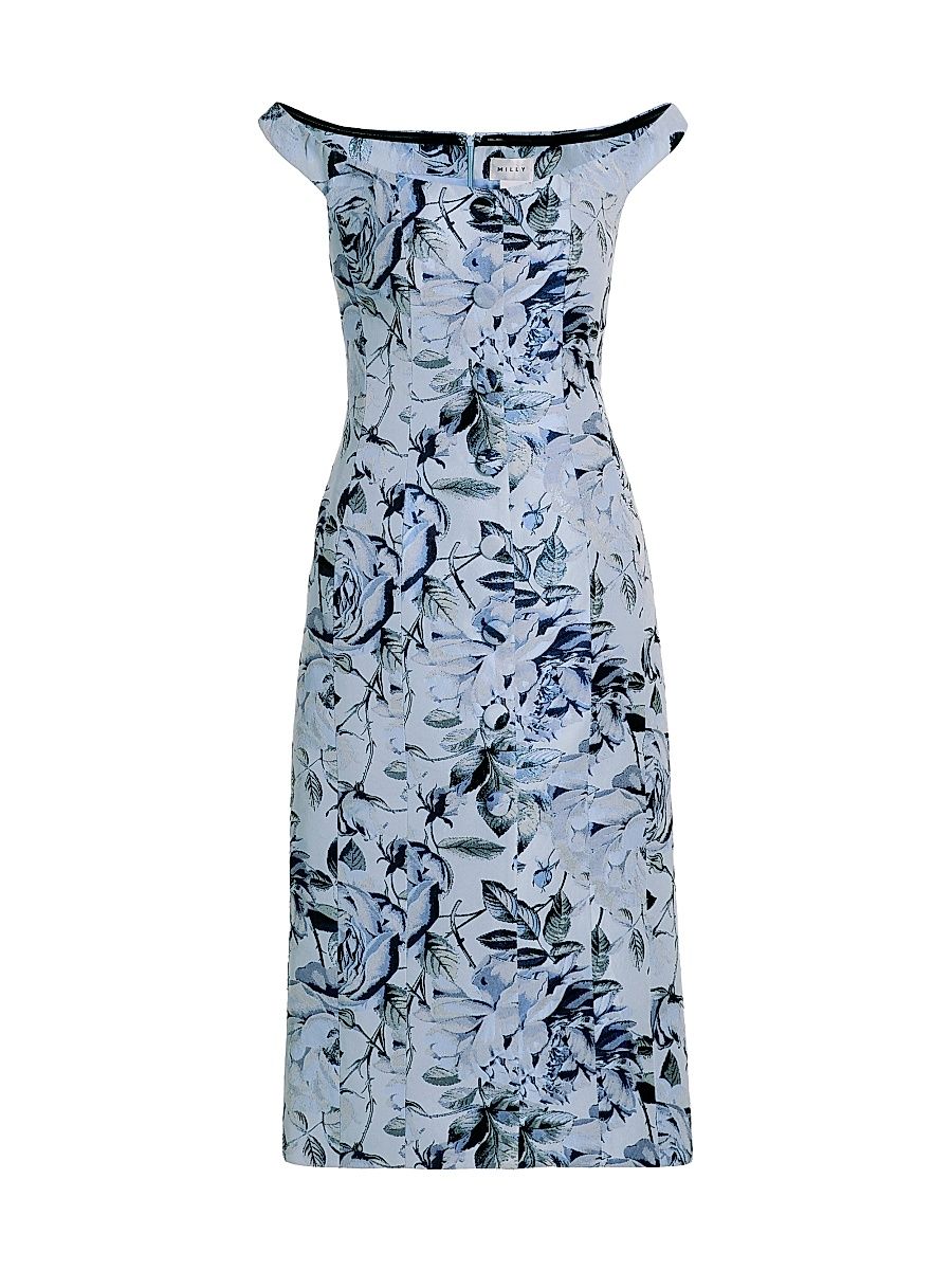Women's Mel Floral Jacquard Off-The-Shoulder Midi-Dress - Blue Navy - Size 12