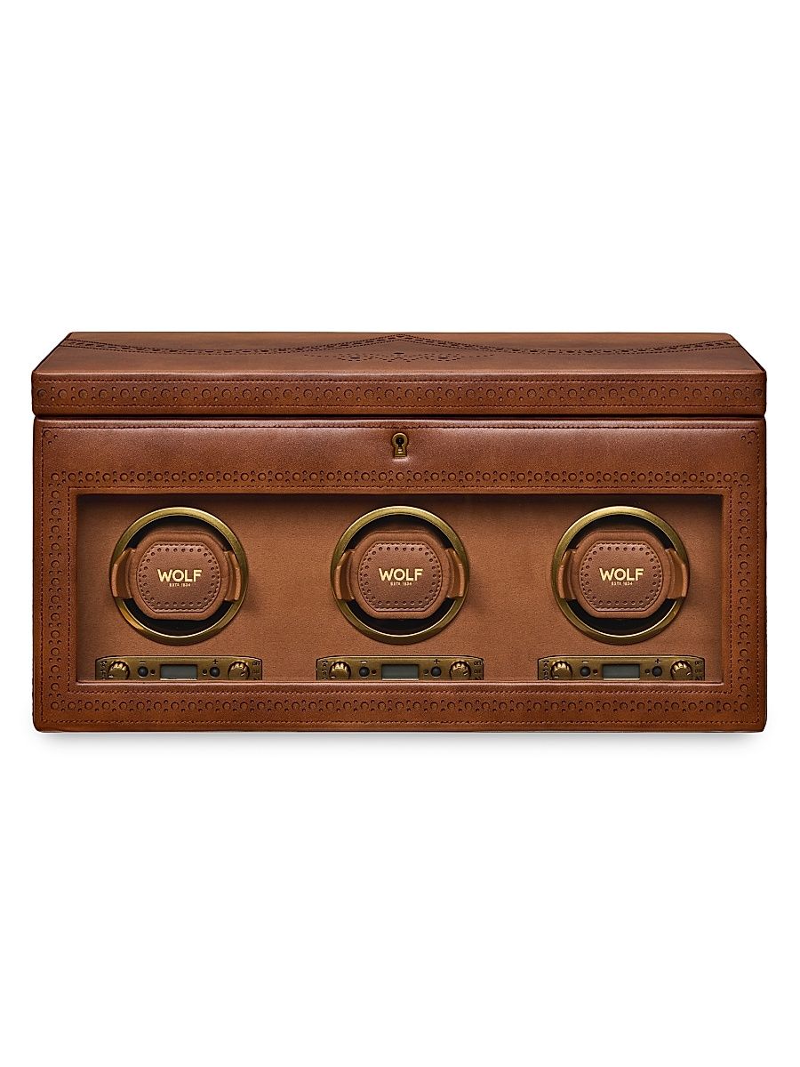 Brogue Triple Watch Winder Storage Box - Burnished Brown