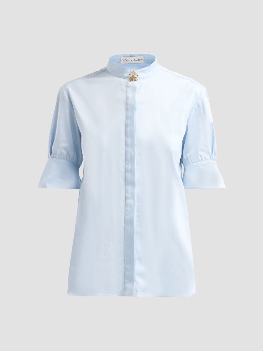 Oscar de la Renta Women's Resort Poplin Sateen Brooch Blouse - Light Blue - Size 0