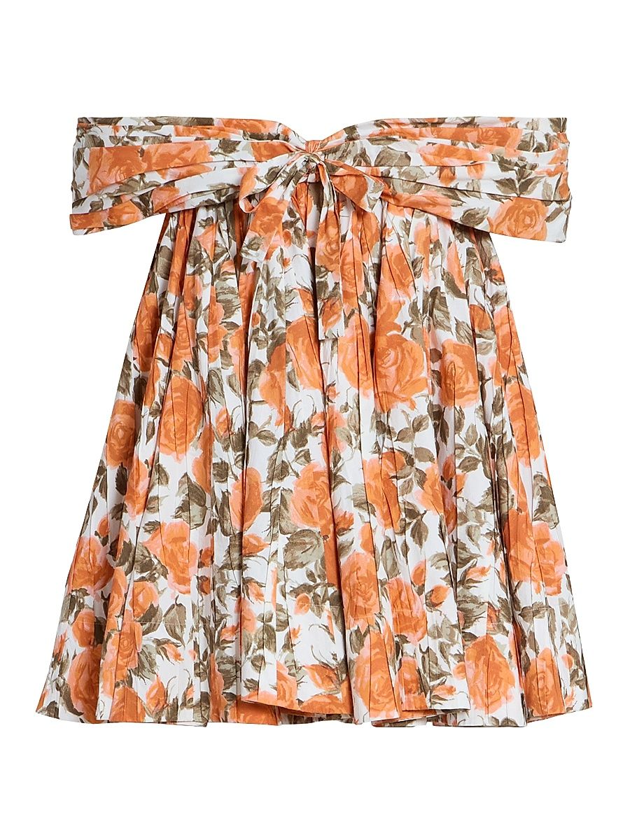 Women's Floral Cotton Off-The-Shoulder Minidress - White Orange - Size 4