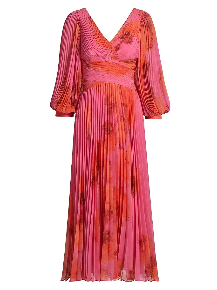 Women's Floral Pleated Chiffon Cocktail Dress - Pink Multi - Size 16
