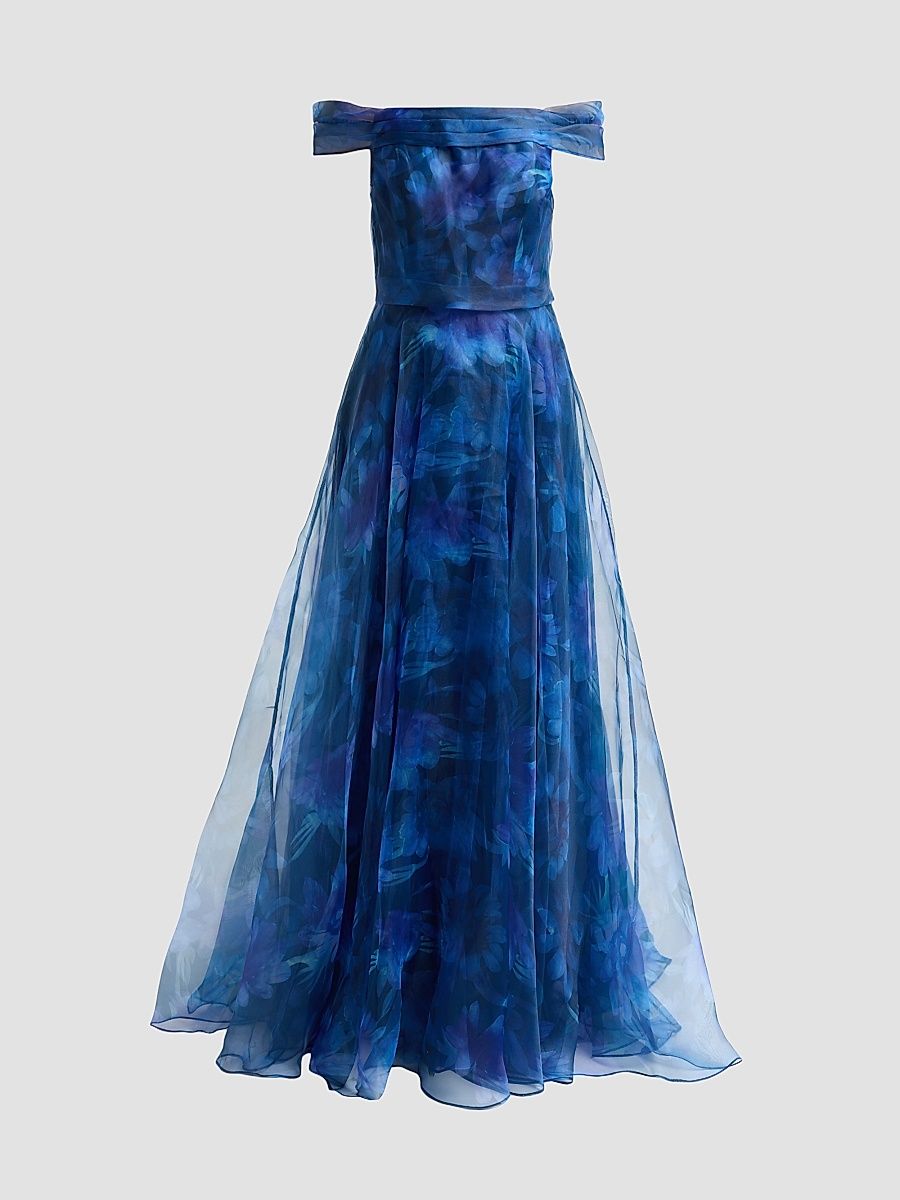 Women's Off-The-Shoulder Draped Organza Gown - Blue - Size 2