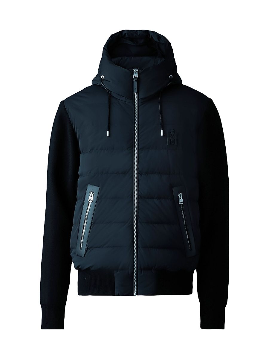 Mackage Men's Andrew Hooded Mixed-Media Down Coat - Navy - Size Large