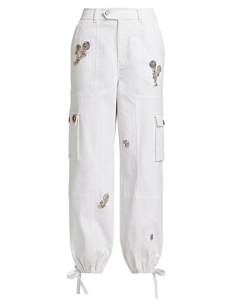 Women's Zola Crystal Floral-Embellished Cargo Pants - White Multi - Size 0