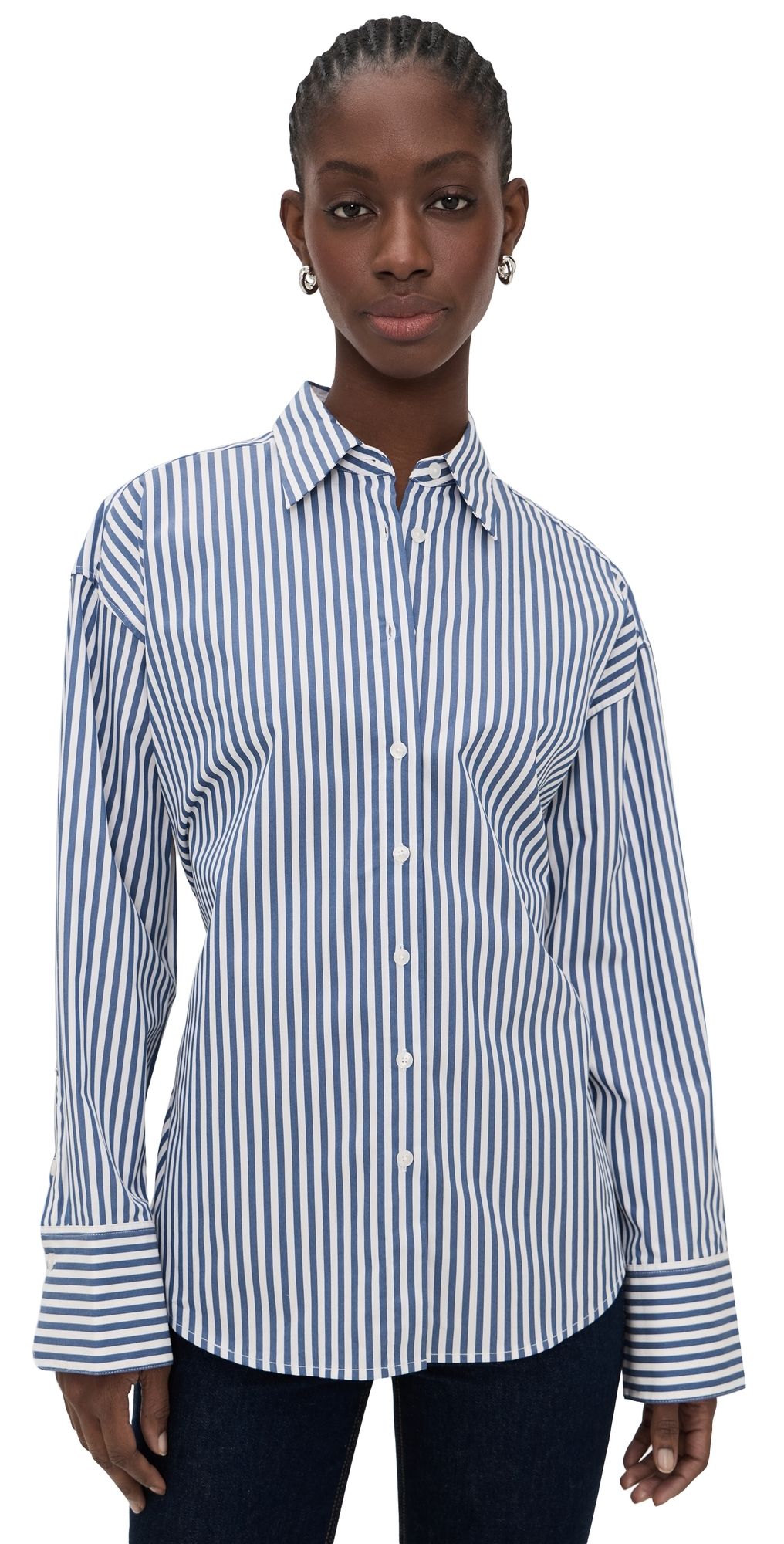 Good American Oversized Poplin Shirt with Adjustable Waist Indigo Stripe S