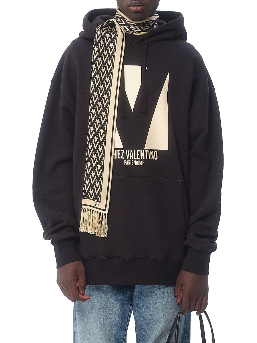 Men's Toute La V Bandeau Scarf in Silk with Fringes - Ivory Black