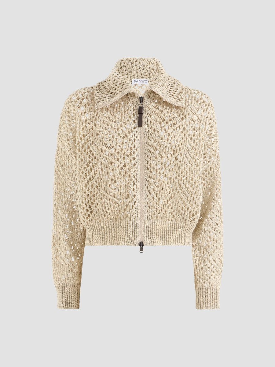 Brunello Cucinelli Women's Dazzling Abstract Leaf Cardigan in Linen with Zipper - Beige - Size XS