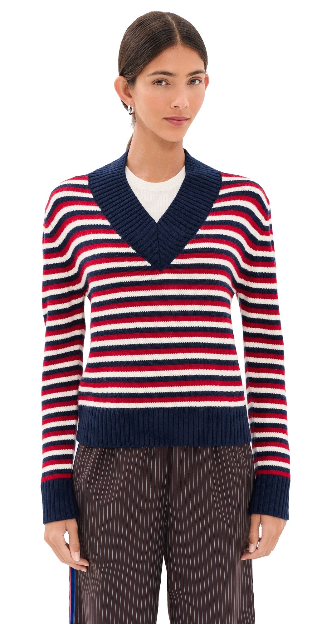 Rosie Assoulin Striped V Neck Wool Sweater Red/Blue M