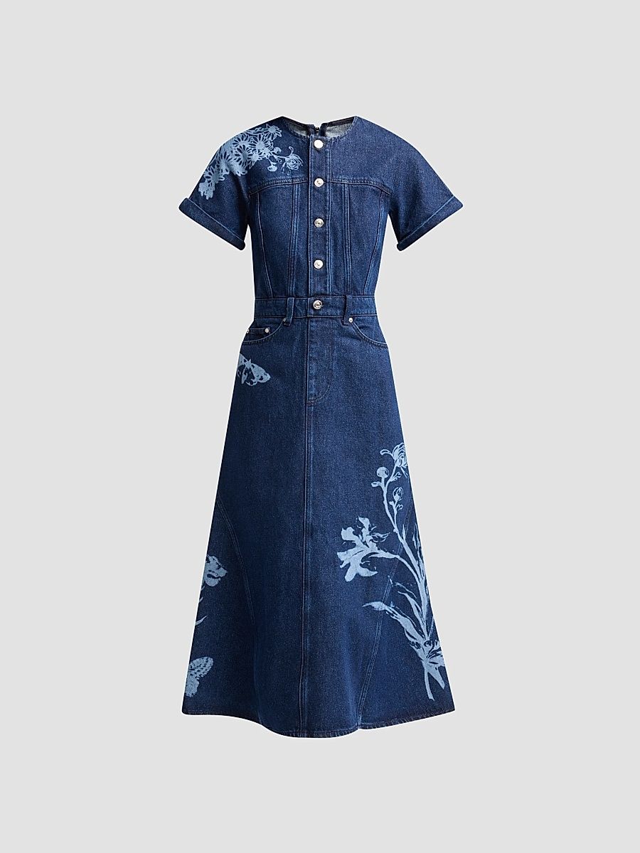 Women's Floral Denim Midi Dress - Mid Blue Wash - Size 6