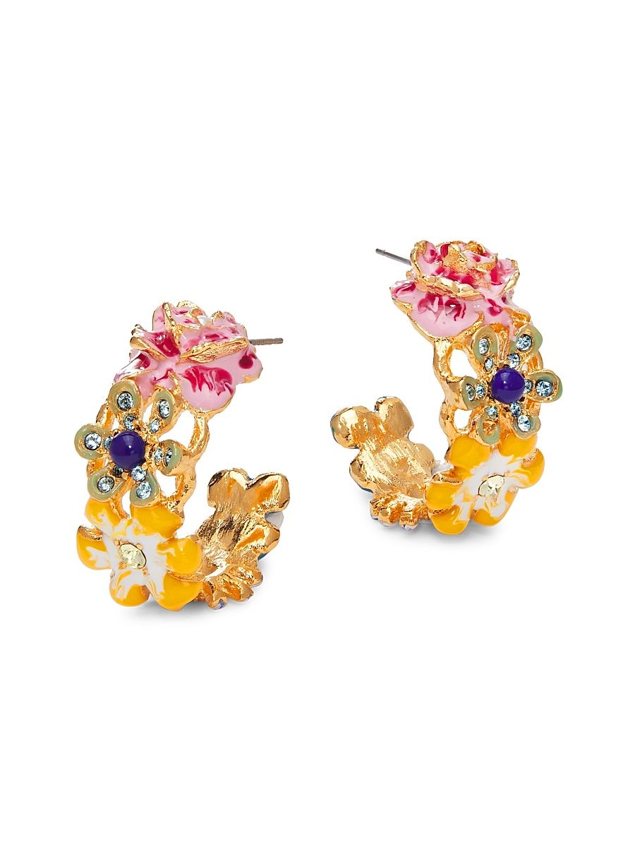 Women's 22K-Gold-Plated, Enamel & Glass Crystal Flower Clip-On Hoop Earrings - Gold Multi