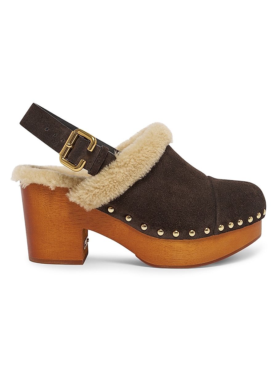 Women's Jeanette 80MM Suede Shearling-Lined Clogs - Dark Beige - Size 9