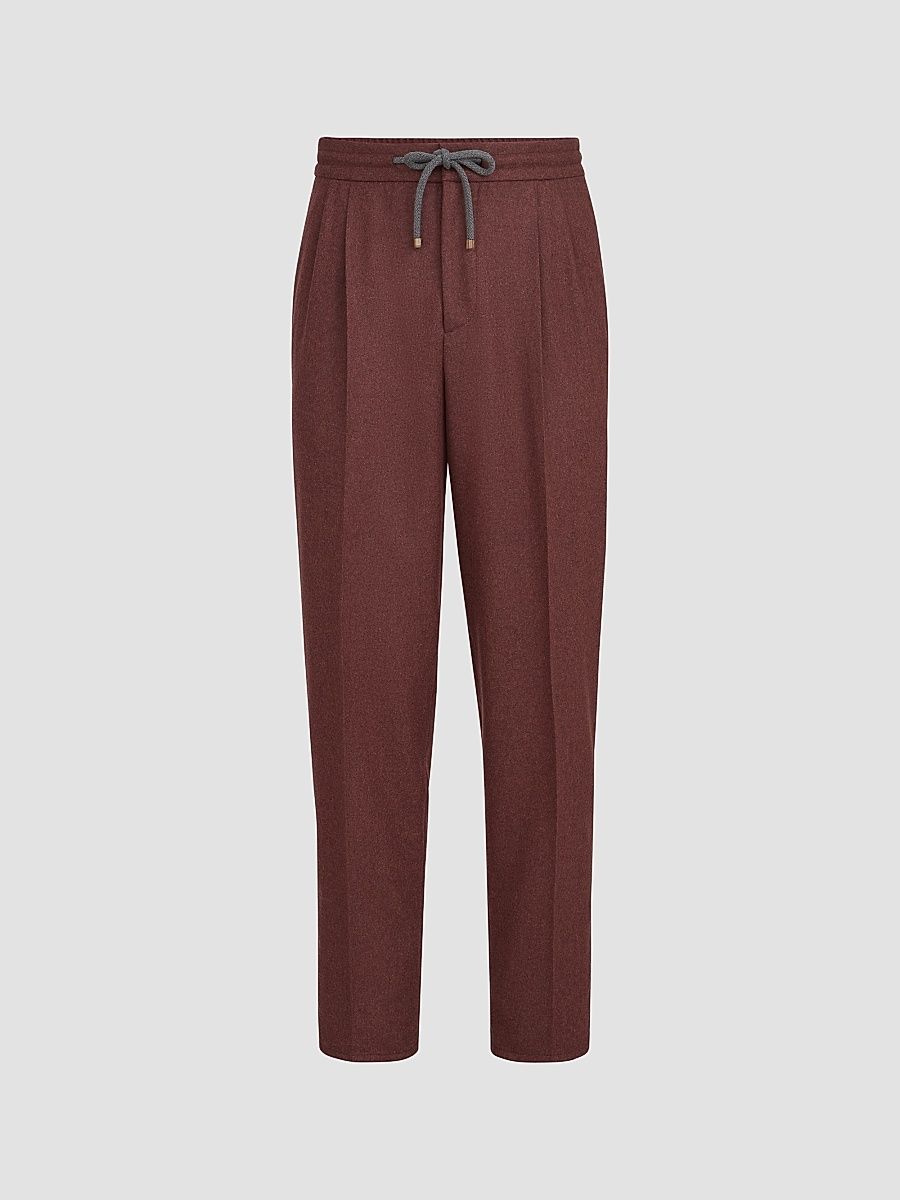 Men's Virgin Wool and Cashmere Flannel Trousers with Drawstring and Double Pleats - Burned - Size 48