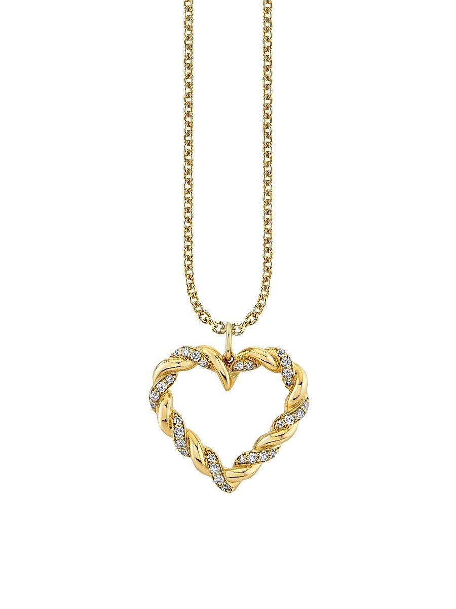 Women's Overboard Pave Rope Heart Charm On 18" Light Tiffany Chain - Yellow Gold