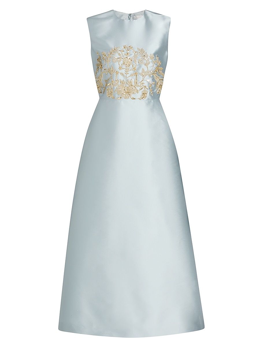 Women's Embroidered Piqué Cocktail Dress - Powder Blue Gold - Size 12