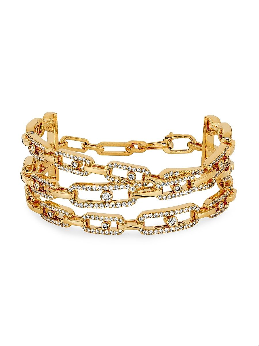 Women's Move Link 18K-Yellow-Gold & 3.26 TCW Diamond Three-Row Cuff Bracelet - Yellow Gold