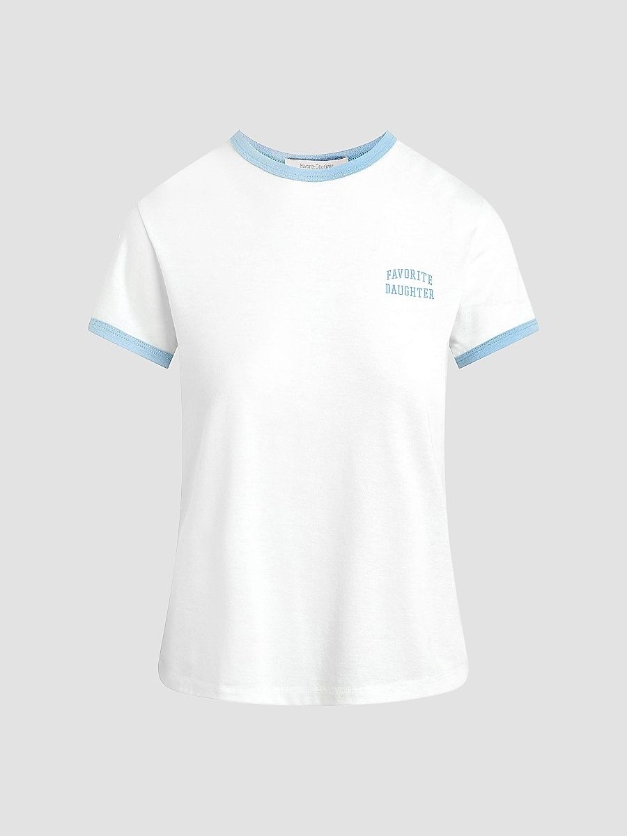 Favorite Daughter Women's The Collegiate Chest Logo Ringer T-Shirt - White Sea Blue - Size Medium