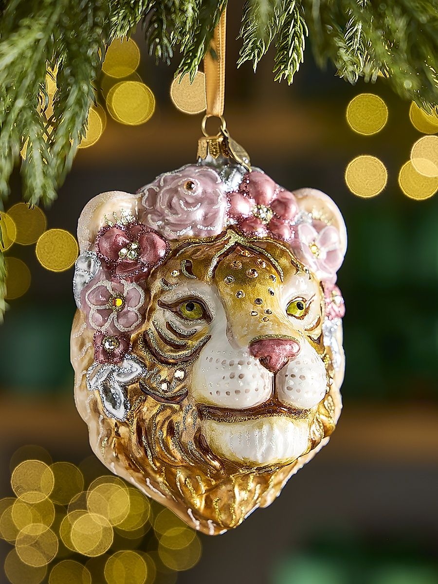 Metallic Tiger With Flower Crown Ornament