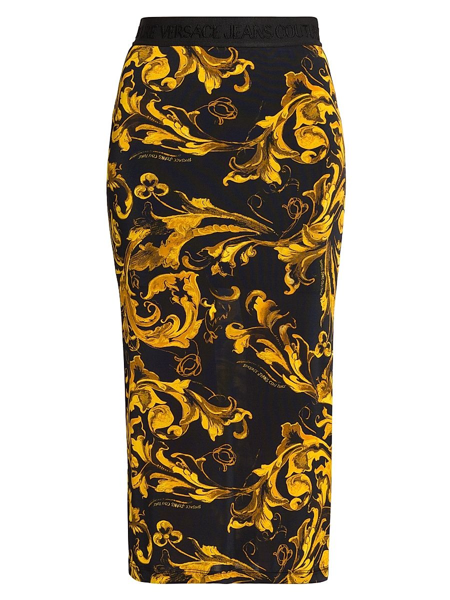 Women's Printed Pencil Midi-Skirt - Black Gold - Size 10