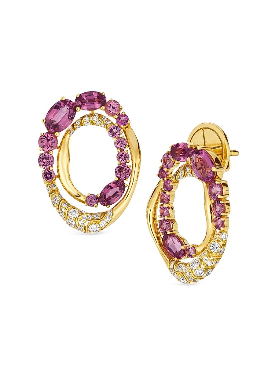 Women's Dunas 18K Yellow Gold, Pink Garnet & 0.51 TCW Diamond Front-Facing Hoop Earrings - Yellow Gold