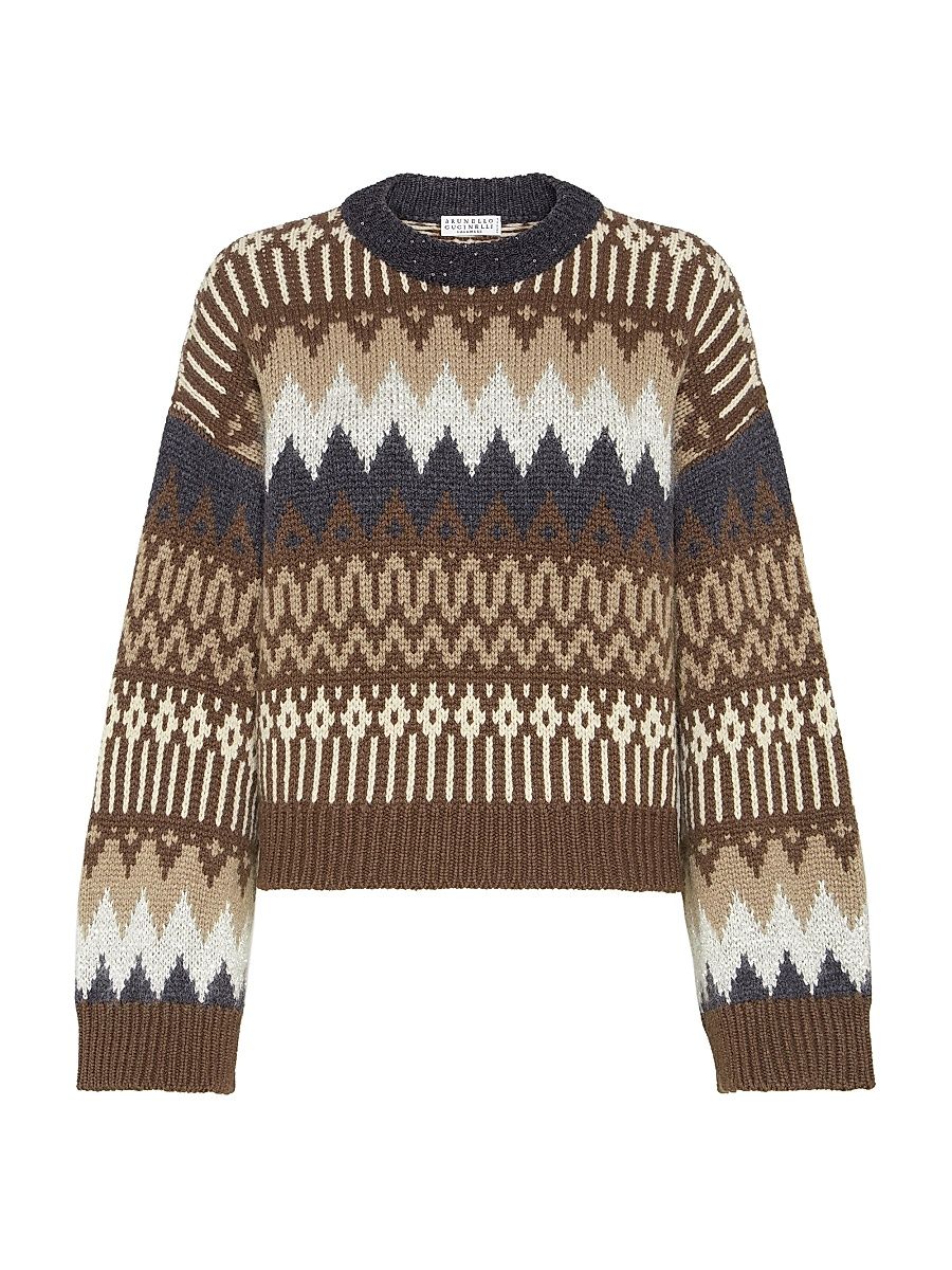 Women's Dazzling Mountain Jacquard Sweater in Cashmere Feather Yarn - Brown - Size XXL