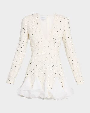 Polka-Dot Boucle Long-Sleeve Godet Mini Dress