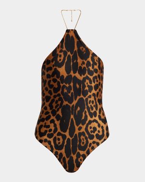 Leopard-Print Chain Halter One-Piece Swimsuit