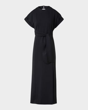 XL Dot Cutout Short-Sleeve Belted Midi Slit Dress