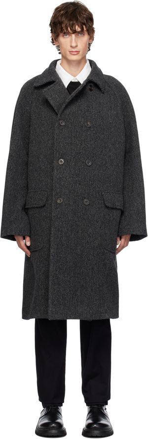 Drake's Gray Herringbone Wool Double-Breasted Raglan Coat