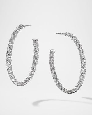 Sculpted Cable Flex Hoop Earrings with Diamonds in 18K White Gold, 1.75"