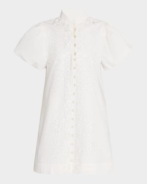 Elliana Embroidered Puff-Sleeve Mini Dress