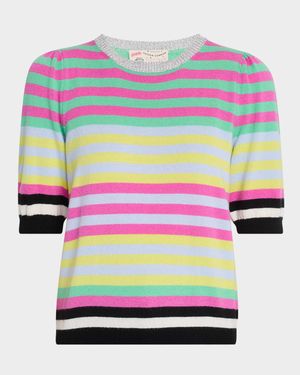 Striped Puff-Sleeve Wool-Cashmere Crewneck Sweater