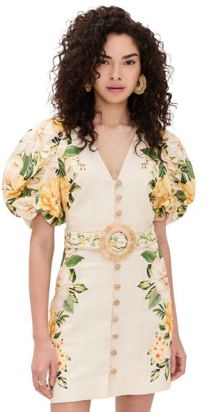 FARM Rio Puff Sleeves Mini Dress Garden Cascade Sand S