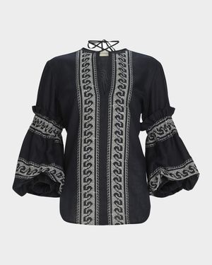 Lucaya Embroidered Balloon-Sleeve Blouse