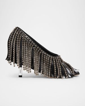 Mona Leather Strass Fringe Peep-Toe Pumps