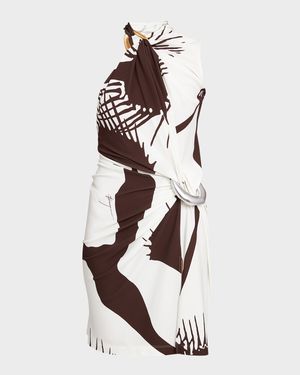 Venus-Print Gathered-Rings Sleeveless Jersey Mini Wrap Dress