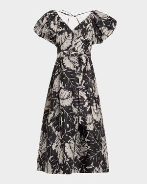 Pleated Botanical-Print Midi Dress