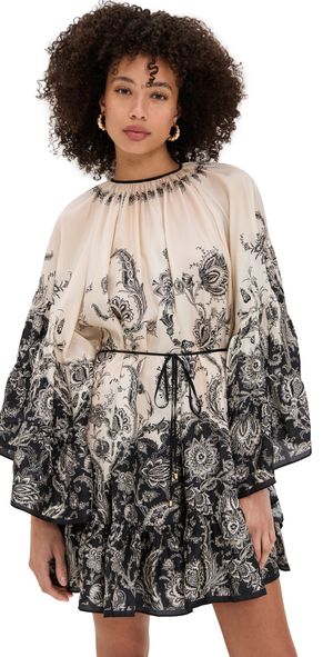 Zimmermann Rhiannon Lantern Mini Dress Cream/Black Floral 0P