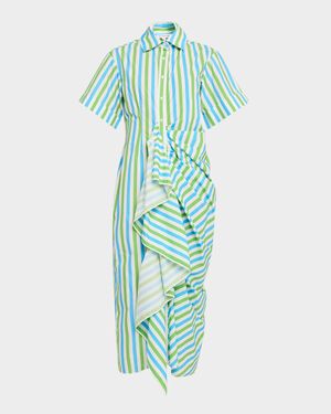 Gathered Ruffle Striped Maxi Shirtdress