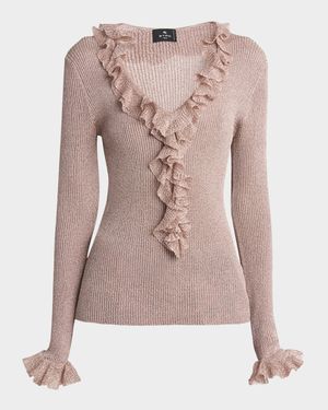 Metallic Rib Ruffle V-Neck Sweater