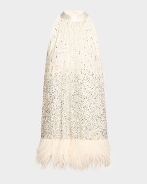 Erna Sequined Feather-Trim Mini Dress